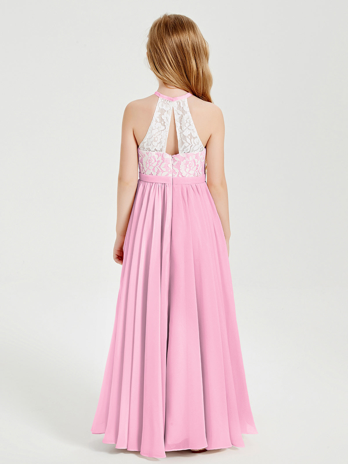 Lace Top Long Chiffon Bridesmaid Dresses Candy Pink